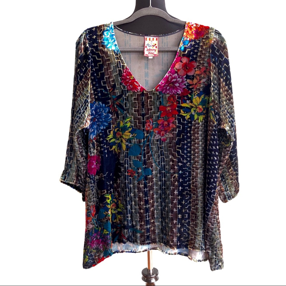 Johnny Was Floral Velvet Long Sleeve Tunic Top Size L